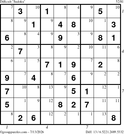 The grouppuzzles.com Difficult Sudoku puzzle for Monday July 13, 2026, suitable for printing, with all 13 steps marked