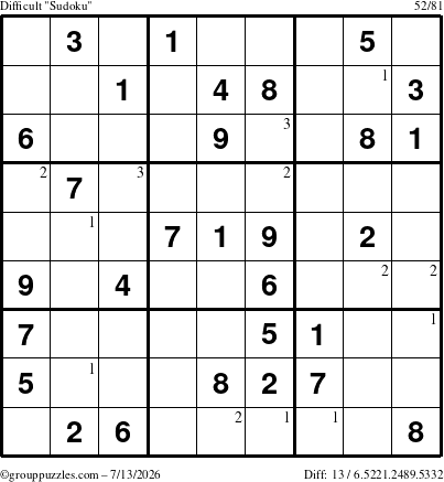 The grouppuzzles.com Difficult Sudoku puzzle for Monday July 13, 2026 with the first 3 steps marked