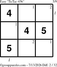 The grouppuzzles.com Easy TicTac-456 puzzle for Monday July 13, 2026, suitable for printing, with all 2 steps marked