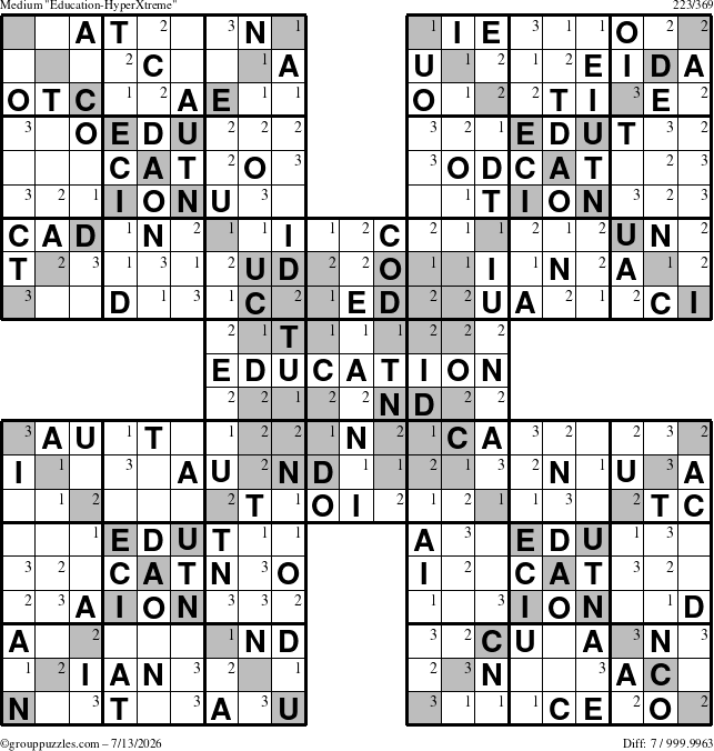 The grouppuzzles.com Medium Education-HyperXtreme puzzle for Monday July 13, 2026 with the first 3 steps marked