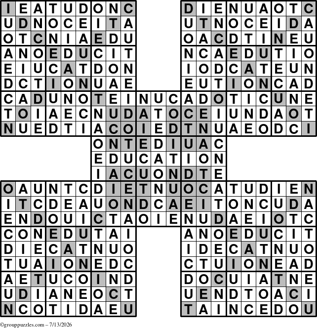 The grouppuzzles.com Answer grid for the Education-HyperXtreme puzzle for Monday July 13, 2026