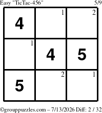 The grouppuzzles.com Easy TicTac-456 puzzle for Monday July 13, 2026 with the first 2 steps marked
