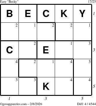 The grouppuzzles.com Easy Becky puzzle for Sunday February 8, 2026 with all 4 steps marked