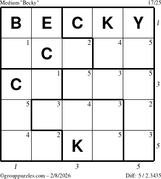 The grouppuzzles.com Medium Becky puzzle for Sunday February 8, 2026 with all 5 steps marked