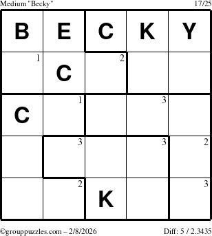 The grouppuzzles.com Medium Becky puzzle for Sunday February 8, 2026 with the first 3 steps marked