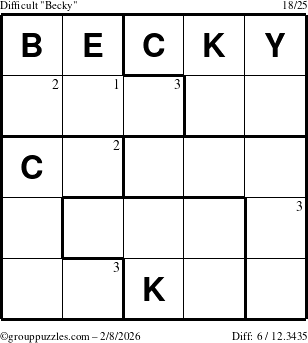 The grouppuzzles.com Difficult Becky puzzle for Sunday February 8, 2026 with the first 3 steps marked