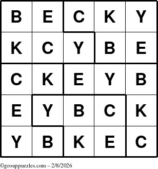 The grouppuzzles.com Answer grid for the Becky puzzle for Sunday February 8, 2026