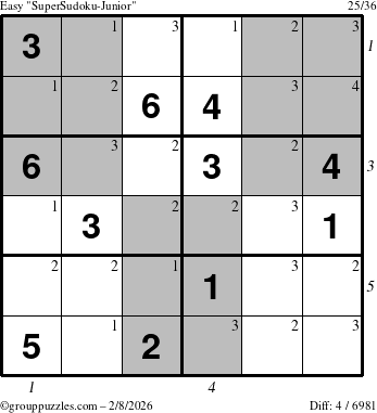 The grouppuzzles.com Easy SuperSudoku-Junior puzzle for Sunday February 8, 2026, suitable for printing, with all 4 steps marked