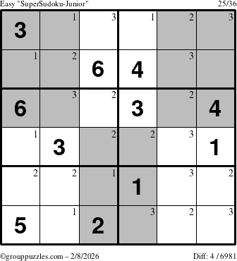 The grouppuzzles.com Easy SuperSudoku-Junior puzzle for Sunday February 8, 2026 with the first 3 steps marked