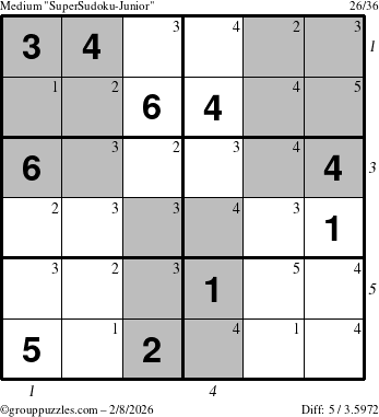 The grouppuzzles.com Medium SuperSudoku-Junior puzzle for Sunday February 8, 2026, suitable for printing, with all 5 steps marked