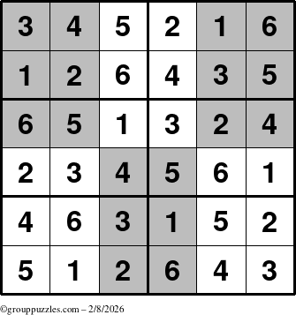 The grouppuzzles.com Answer grid for the SuperSudoku-Junior puzzle for Sunday February 8, 2026
