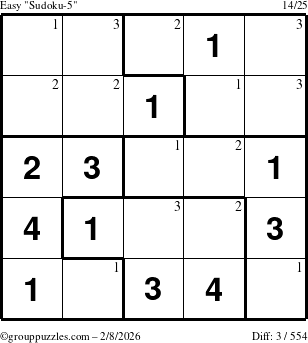 The grouppuzzles.com Easy Sudoku-5 puzzle for Sunday February 8, 2026 with the first 3 steps marked