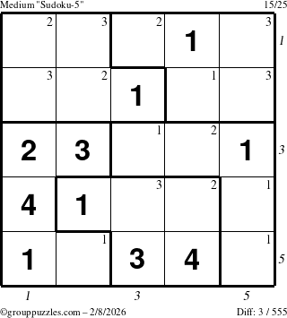 The grouppuzzles.com Medium Sudoku-5 puzzle for Sunday February 8, 2026, suitable for printing, with all 3 steps marked