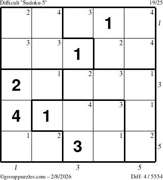 The grouppuzzles.com Difficult Sudoku-5 puzzle for Sunday February 8, 2026 with all 4 steps marked