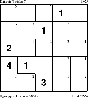 The grouppuzzles.com Difficult Sudoku-5 puzzle for Sunday February 8, 2026 with the first 3 steps marked