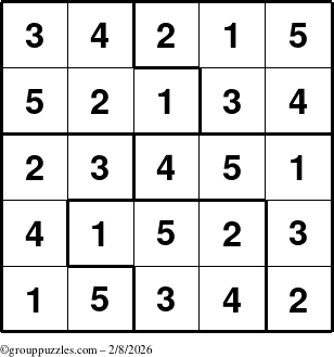 The grouppuzzles.com Answer grid for the Sudoku-5 puzzle for Sunday February 8, 2026