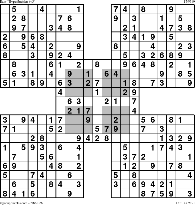 The grouppuzzles.com Easy HyperSudoku-by5 puzzle for Sunday February 8, 2026