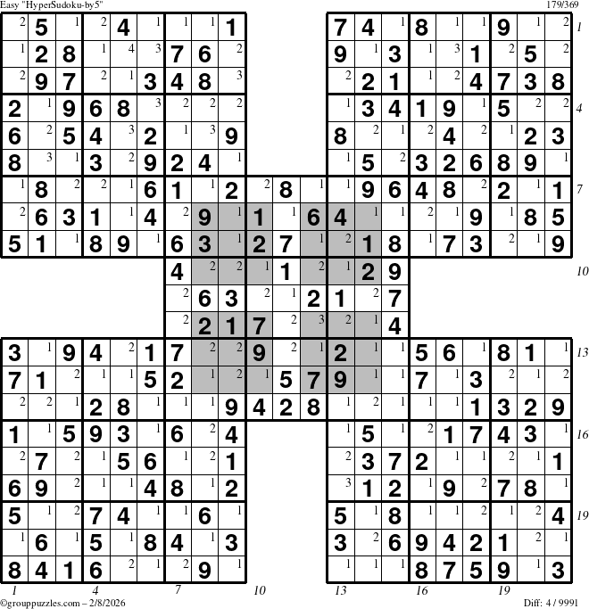 The grouppuzzles.com Easy HyperSudoku-by5 puzzle for Sunday February 8, 2026, suitable for printing, with all 4 steps marked