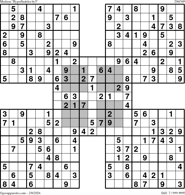 The grouppuzzles.com Medium HyperSudoku-by5 puzzle for Sunday February 8, 2026