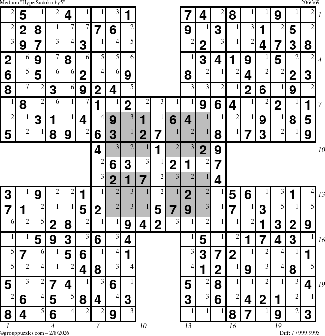 The grouppuzzles.com Medium HyperSudoku-by5 puzzle for Sunday February 8, 2026, suitable for printing, with all 7 steps marked