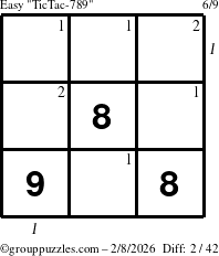 The grouppuzzles.com Easy TicTac-789 puzzle for Sunday February 8, 2026 with all 2 steps marked