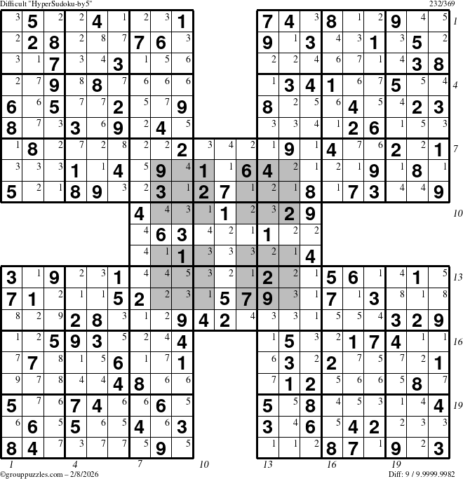 The grouppuzzles.com Difficult HyperSudoku-by5 puzzle for Sunday February 8, 2026, suitable for printing, with all 9 steps marked