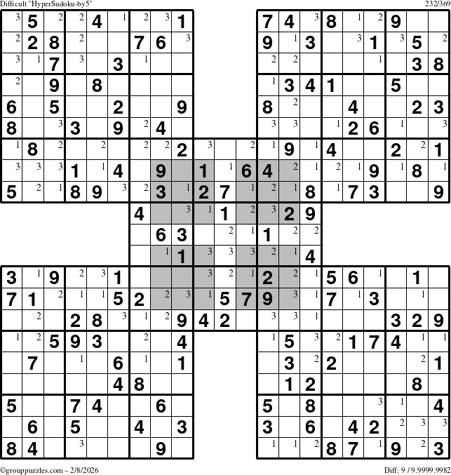 The grouppuzzles.com Difficult HyperSudoku-by5 puzzle for Sunday February 8, 2026 with the first 3 steps marked