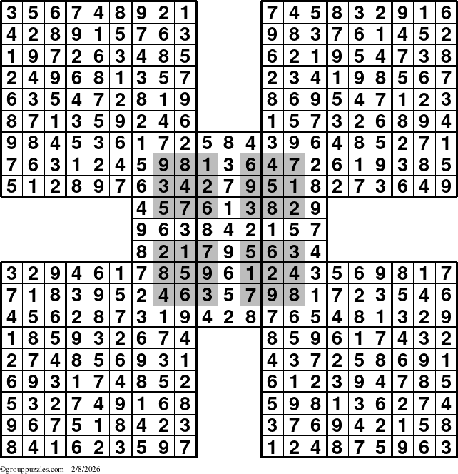 The grouppuzzles.com Answer grid for the HyperSudoku-by5 puzzle for Sunday February 8, 2026