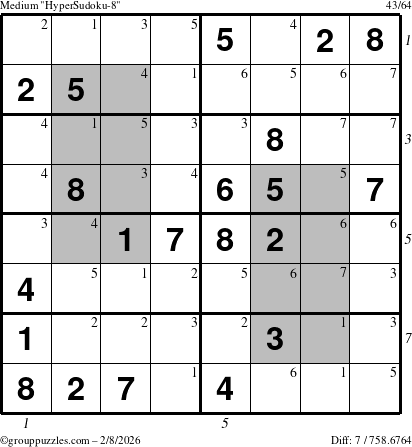 The grouppuzzles.com Medium HyperSudoku-8 puzzle for Sunday February 8, 2026, suitable for printing, with all 7 steps marked