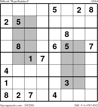 The grouppuzzles.com Difficult HyperSudoku-8 puzzle for Sunday February 8, 2026