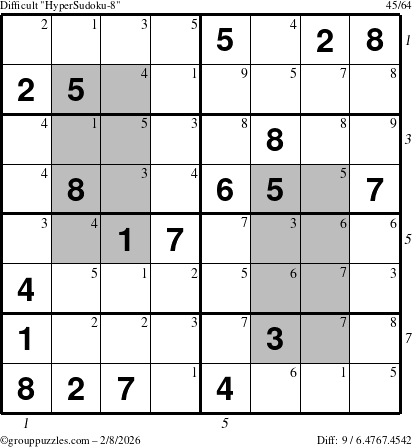 The grouppuzzles.com Difficult HyperSudoku-8 puzzle for Sunday February 8, 2026, suitable for printing, with all 9 steps marked