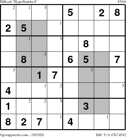 The grouppuzzles.com Difficult HyperSudoku-8 puzzle for Sunday February 8, 2026 with the first 3 steps marked