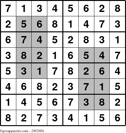 The grouppuzzles.com Answer grid for the HyperSudoku-8 puzzle for Sunday February 8, 2026