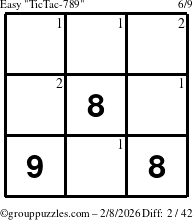 The grouppuzzles.com Easy TicTac-789 puzzle for Sunday February 8, 2026 with the first 2 steps marked