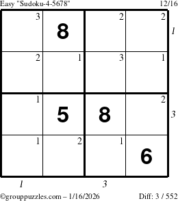 The grouppuzzles.com Easy Sudoku-4-5678 puzzle for Friday January 16, 2026, suitable for printing, with all 3 steps marked