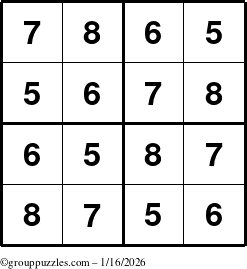 The grouppuzzles.com Answer grid for the Sudoku-4-5678 puzzle for Friday January 16, 2026