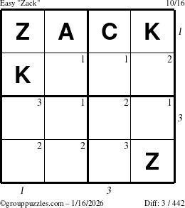 The grouppuzzles.com Easy Zack puzzle for Friday January 16, 2026 with all 3 steps marked