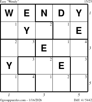 The grouppuzzles.com Easy Wendy puzzle for Friday January 16, 2026, suitable for printing, with all 4 steps marked