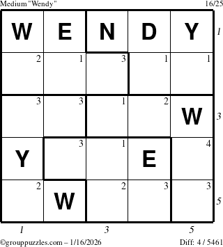 The grouppuzzles.com Medium Wendy puzzle for Friday January 16, 2026 with all 4 steps marked
