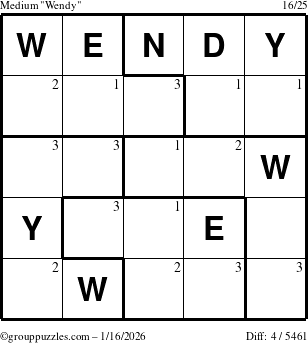 The grouppuzzles.com Medium Wendy puzzle for Friday January 16, 2026 with the first 3 steps marked
