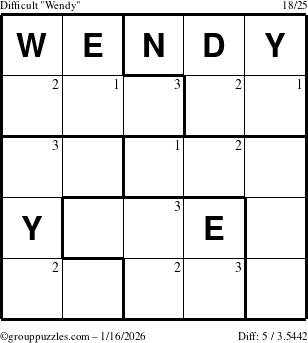 The grouppuzzles.com Difficult Wendy puzzle for Friday January 16, 2026 with the first 3 steps marked