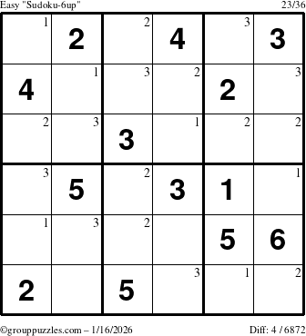 The grouppuzzles.com Easy Sudoku-6up puzzle for Friday January 16, 2026 with the first 3 steps marked