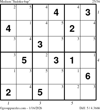 The grouppuzzles.com Medium Sudoku-6up puzzle for Friday January 16, 2026 with all 5 steps marked