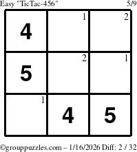The grouppuzzles.com Easy TicTac-456 puzzle for Friday January 16, 2026 with the first 2 steps marked