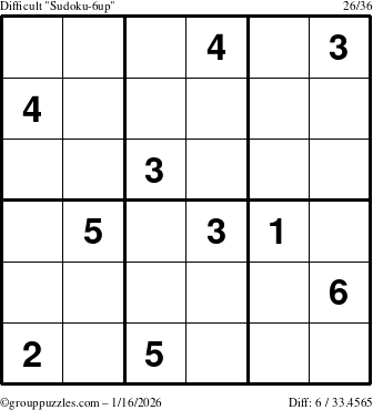 The grouppuzzles.com Difficult Sudoku-6up puzzle for Friday January 16, 2026