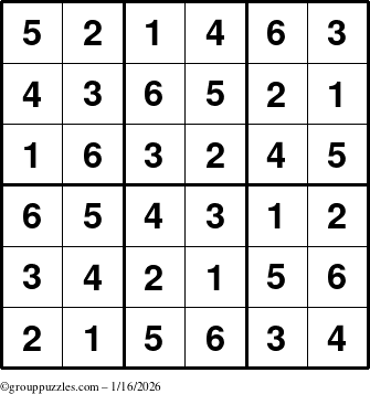 The grouppuzzles.com Answer grid for the Sudoku-6up puzzle for Friday January 16, 2026