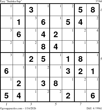 The grouppuzzles.com Easy Sudoku-8up puzzle for Friday January 16, 2026 with all 4 steps marked