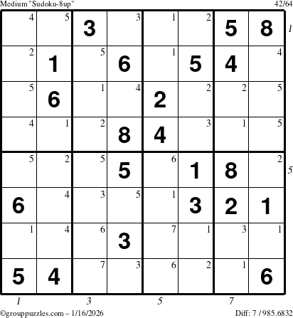 The grouppuzzles.com Medium Sudoku-8up puzzle for Friday January 16, 2026, suitable for printing, with all 7 steps marked