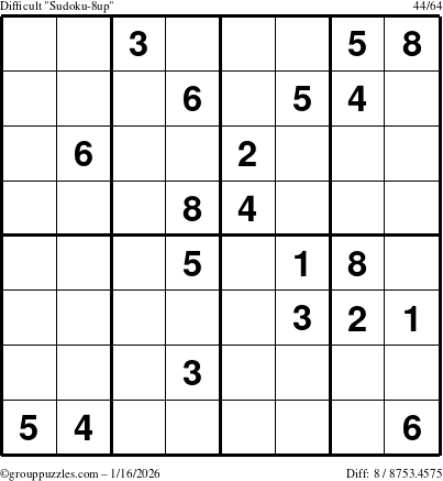The grouppuzzles.com Difficult Sudoku-8up puzzle for Friday January 16, 2026