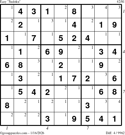 The grouppuzzles.com Easy Sudoku puzzle for Friday January 16, 2026 with all 4 steps marked